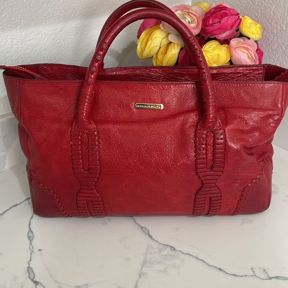 Rebecca Minkoff Red Leather Handbag w/cool leather Stitching royal blue lining - Picture 6 of 16